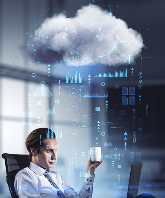 Image of a man at a laptop with a cloud above him, symbolizing Cloud Infrastructure.