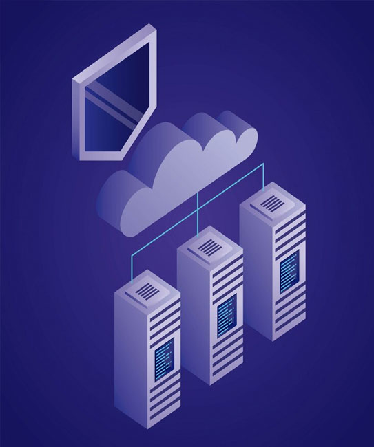 Cloud server with shield icon, symbolizing cloud backup security.