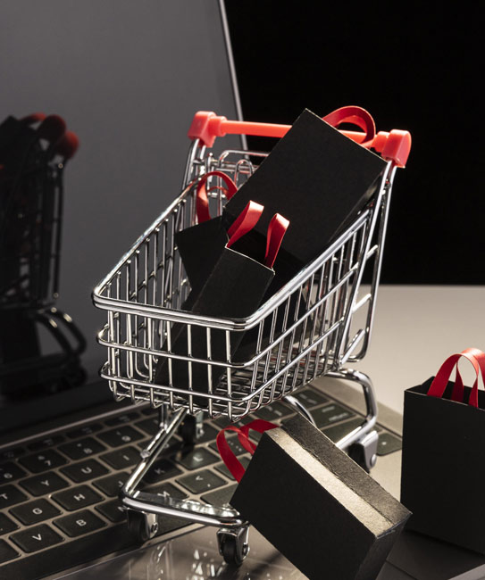 Shopping cart with black bags on a laptop - showcasing AWS Services.
