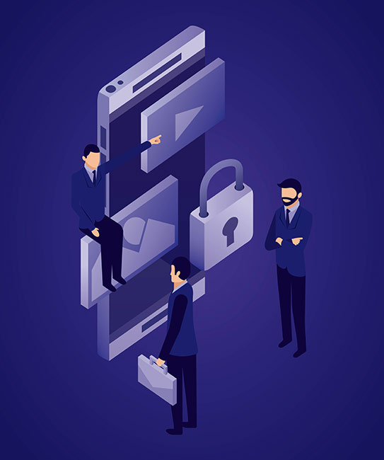 Isometric illustration of business people using mobile phones, emphasizing endpoint security.
