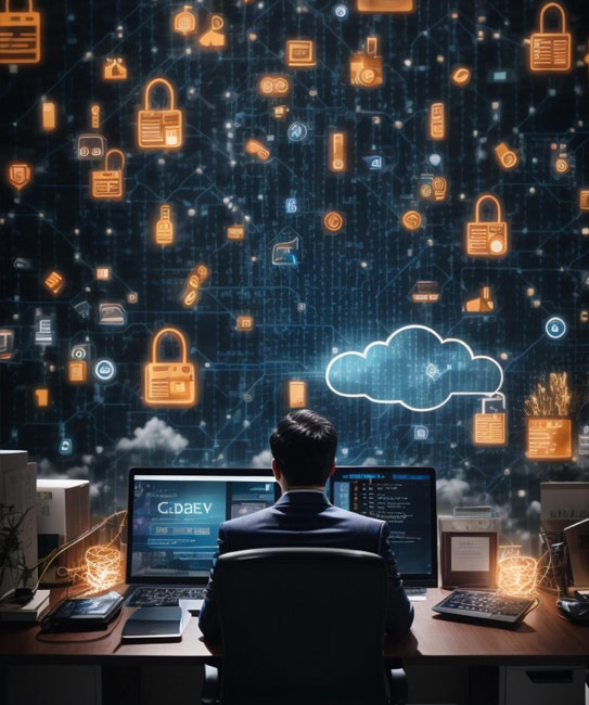 An individual focused on his computer, surrounded by icons on the screen. Illustrates the concept of endpoint security.